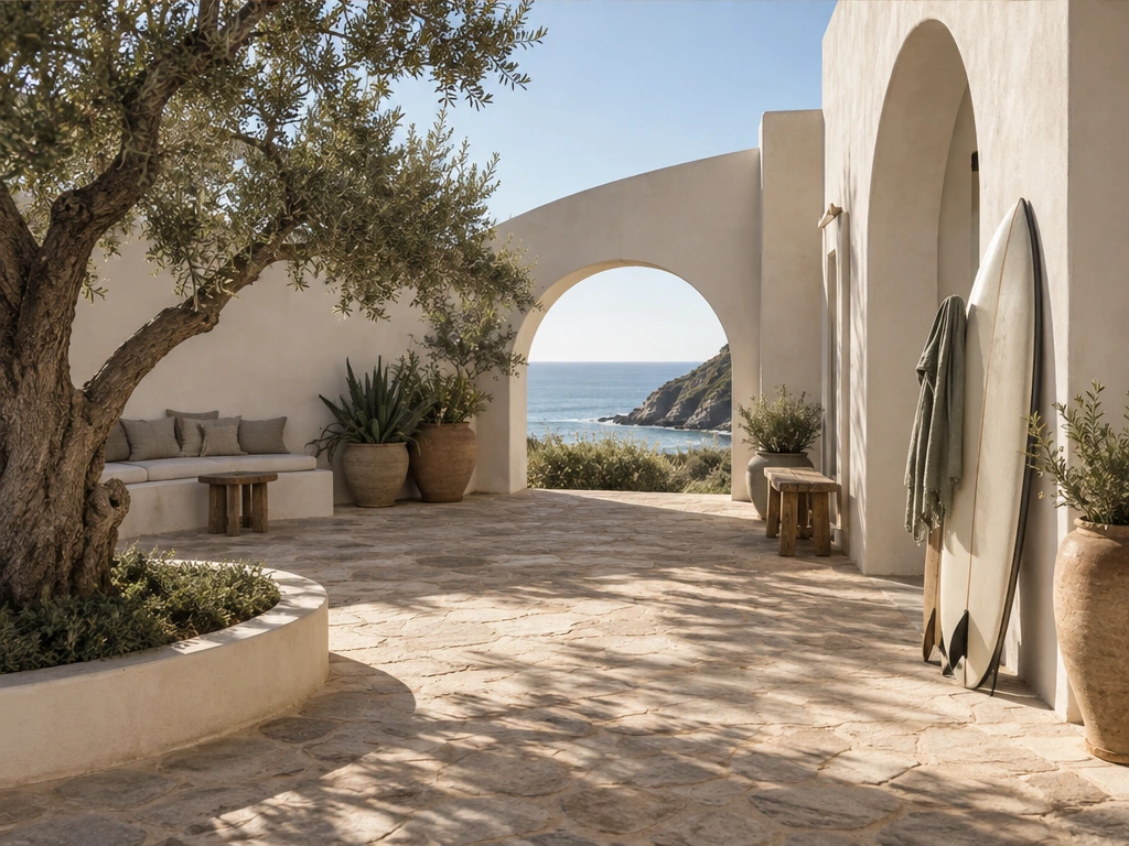 Illustrative sunlit surf retreat courtyard